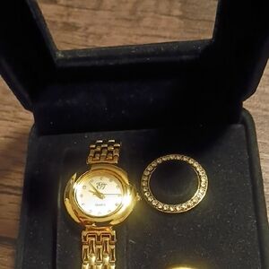 Gold Tone Watch with Linked Bracelet and Cream Dial